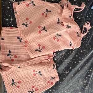 Girls' Pink Cherry Print Set - Sleeveless Top & Shorts